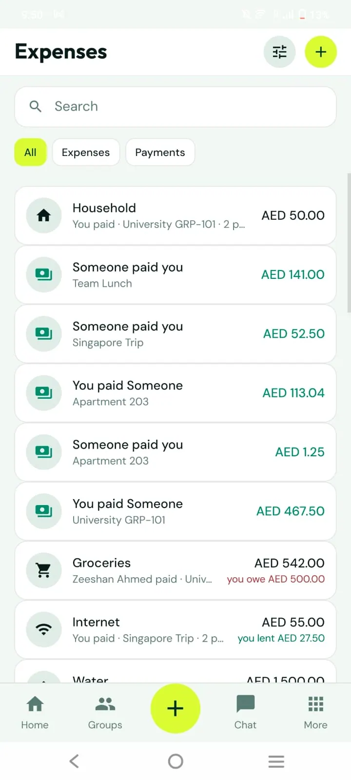 Screen ng Mga gastos 1 sa 2 sa Fairexa app