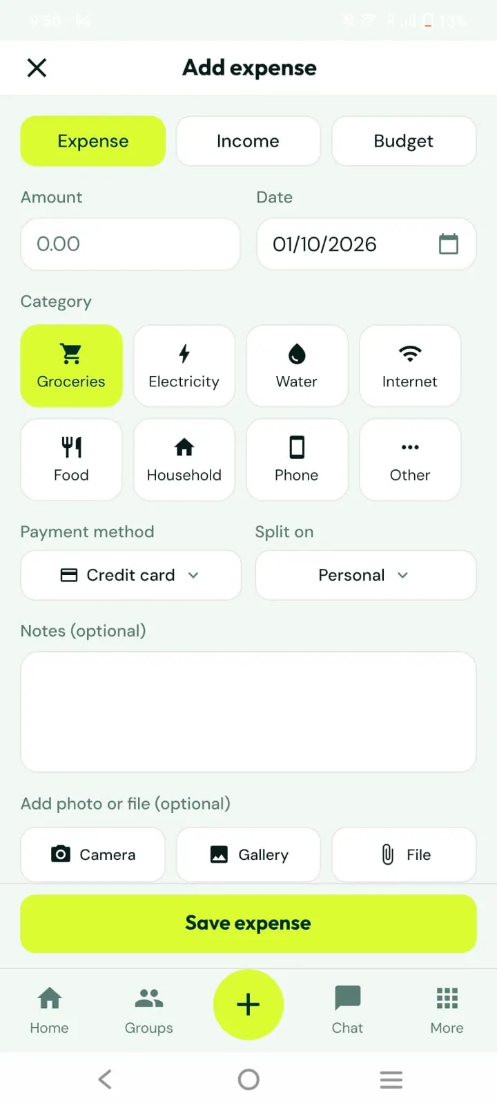 Screen ng Mga gastos ng grupo 1 sa 3 sa Fairexa app