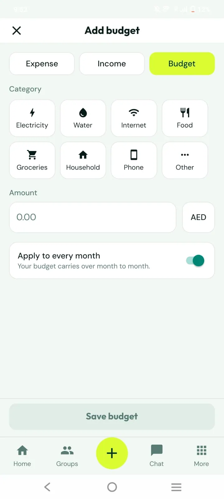 Budgets that repeat: second app screen